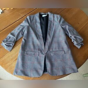 Women's Black & Red Plaid Blazer With Scrunched Sleeves, Fully Lined, Open Front